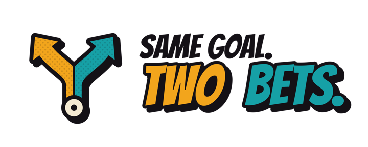 Same Goal, Two Bets logo: a gold and teal fork mark